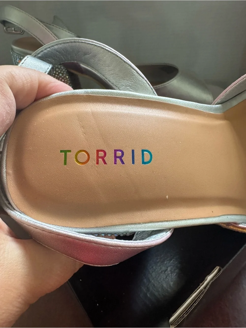torrid Silver Ankle-Strap Platform Sandals with Multicolor Rhinestone Trim